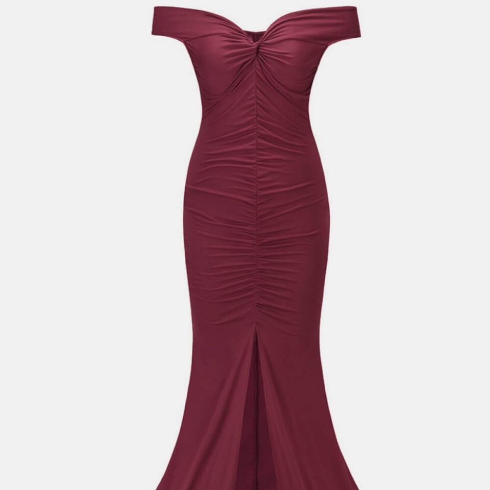 Ruched Off-Shoulder Front Slit Floor-Length Dress